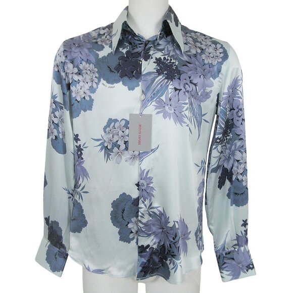 NEW Versace Classic Silk Shirt!  Small  Light Blue With Fancy Floral Print - Picture 1 of 3